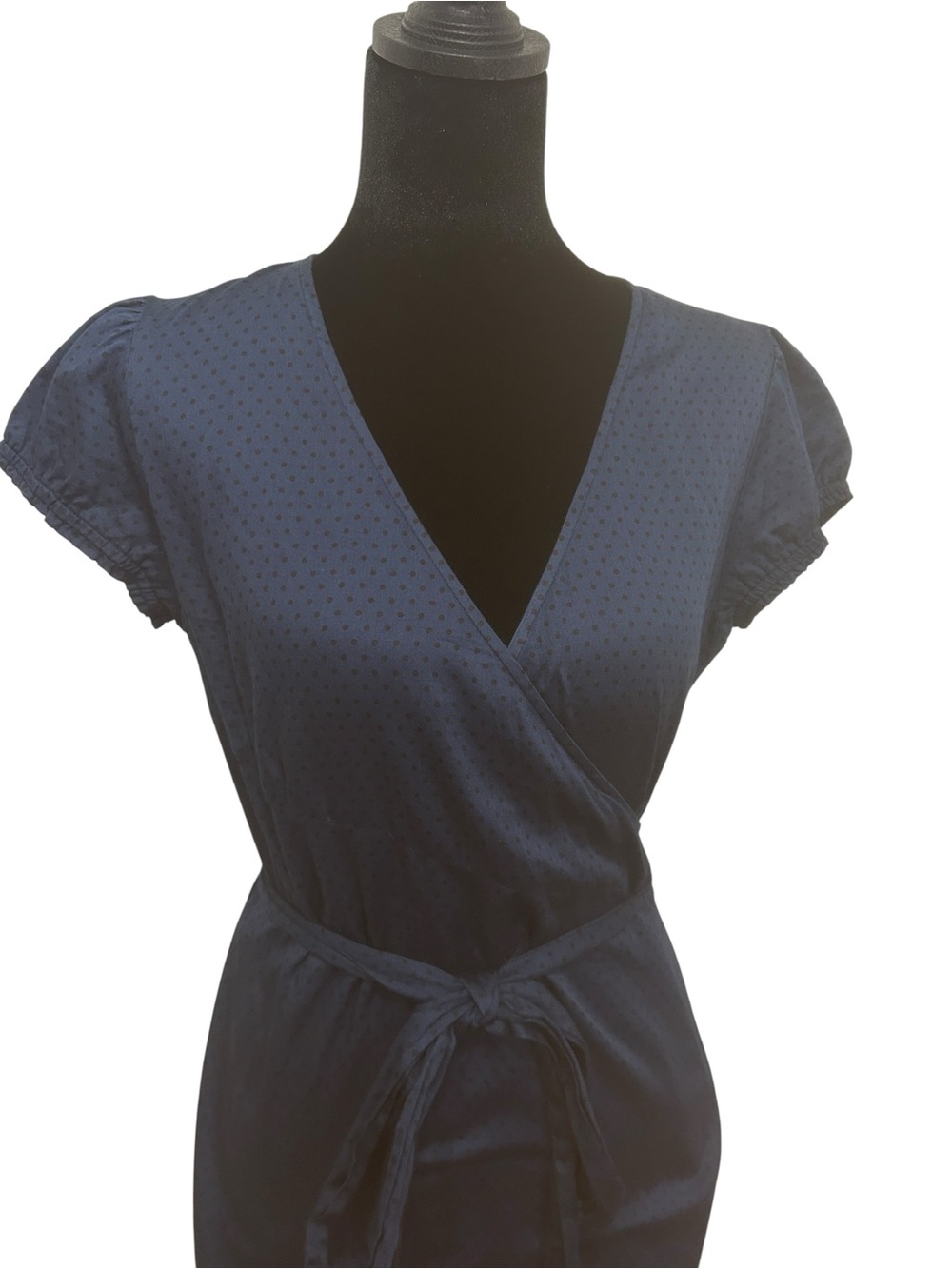 Vintage France Wrap dress small Navy Black Polka Dot Cotton Cottage knee length - Picture 11 of 12